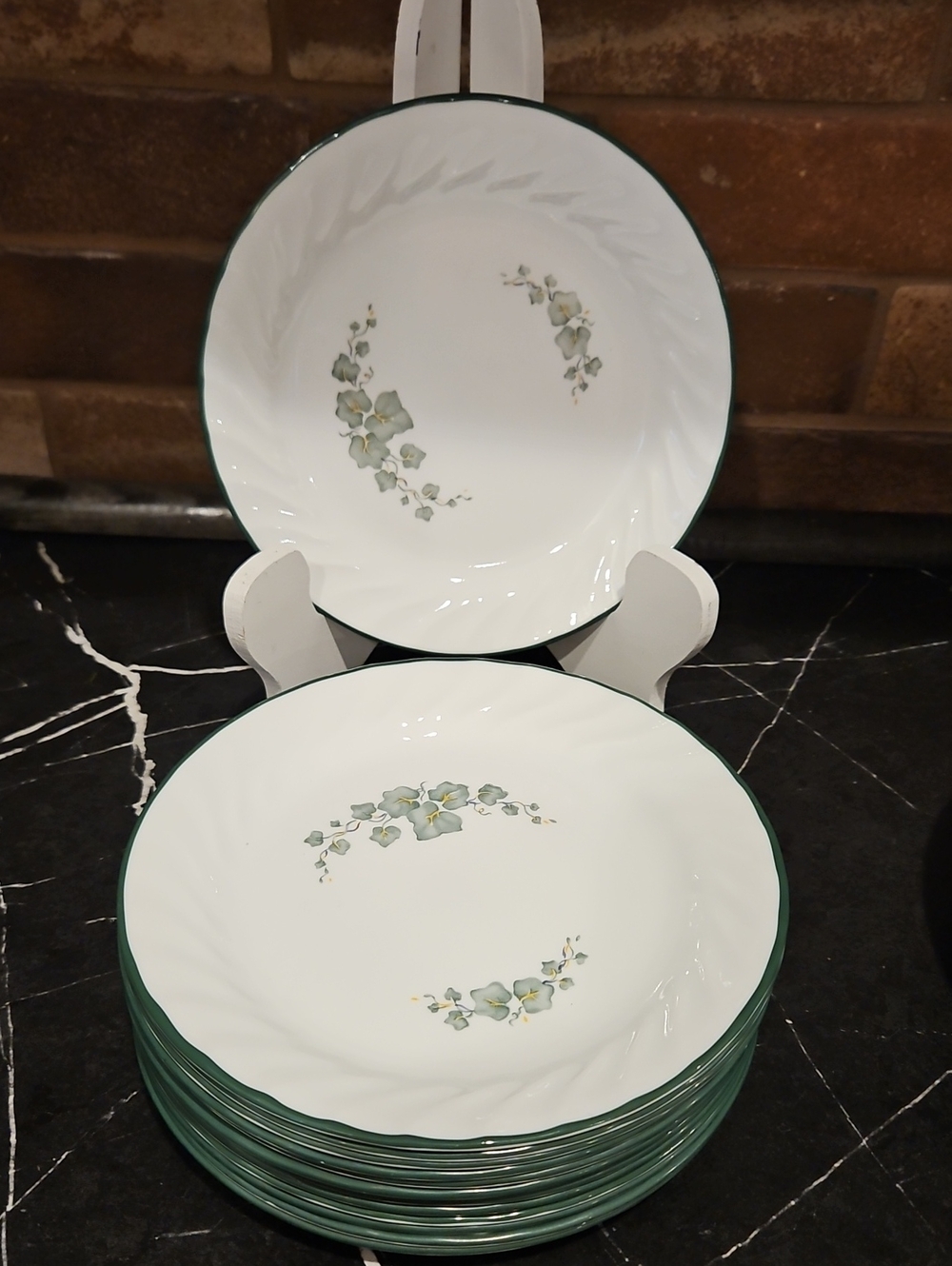 Corelle White Dessert Plates with Green Floral Trim - 12 Set